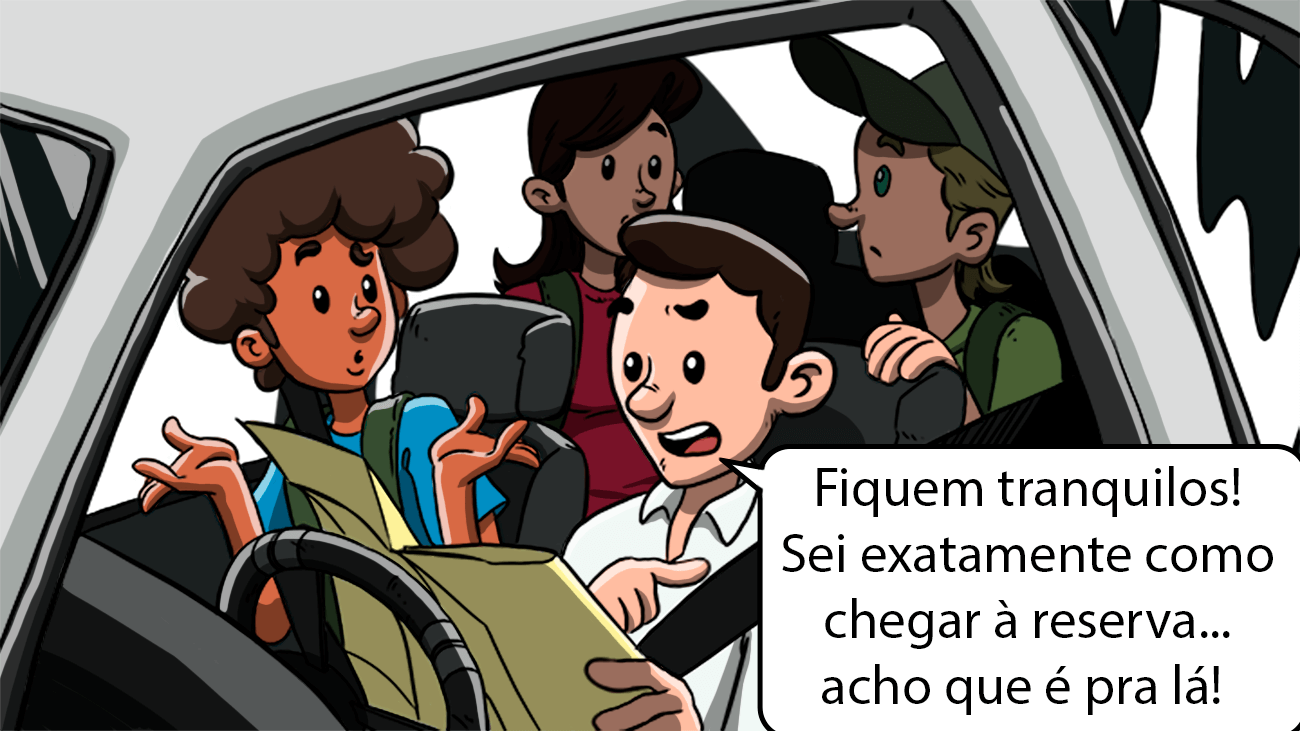 Na imagem, um carro com um guia de turismo confuso, sentado no banco do motorista de um carro, segurando um mapa e três turistas sentados nos bancos do carona, olhando preocupados enquanto ele tenta entender o mapa.