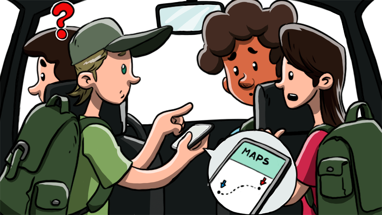 Nesta imagem, os turistas estão olhando no gps que o guia está errado. E eles estão preocupados.