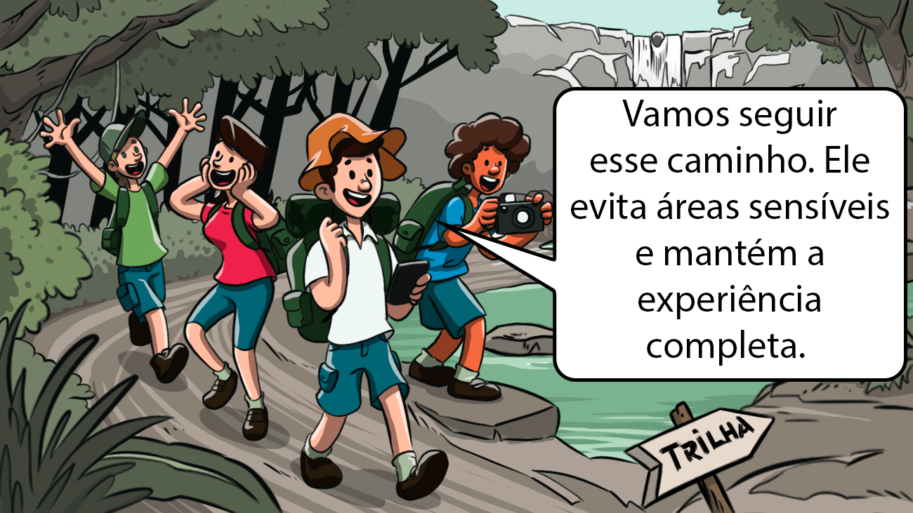 Na imagem, alguns turistas caminham felizes atrás de um guia que orienta eles em um passeio para uma trilha.