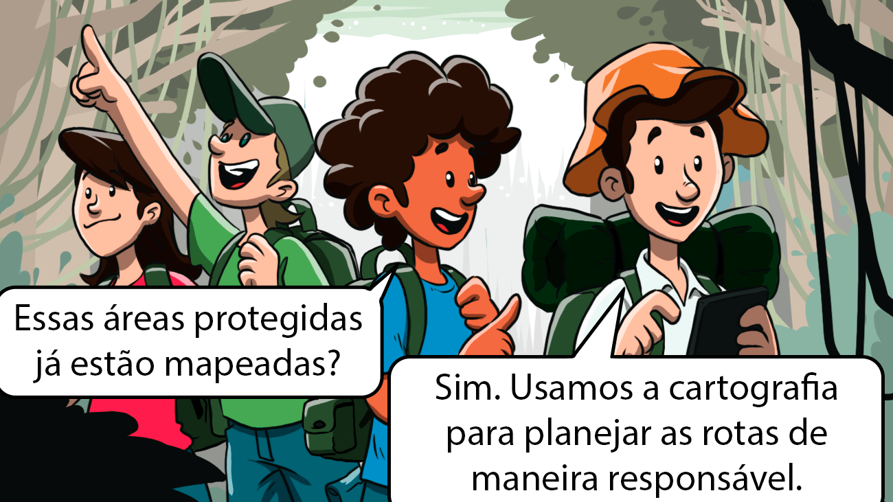 Nesta imagem, os turistas estão felizes e animados e o guia conversa com alguns deles enquanto mostra algo no celular.