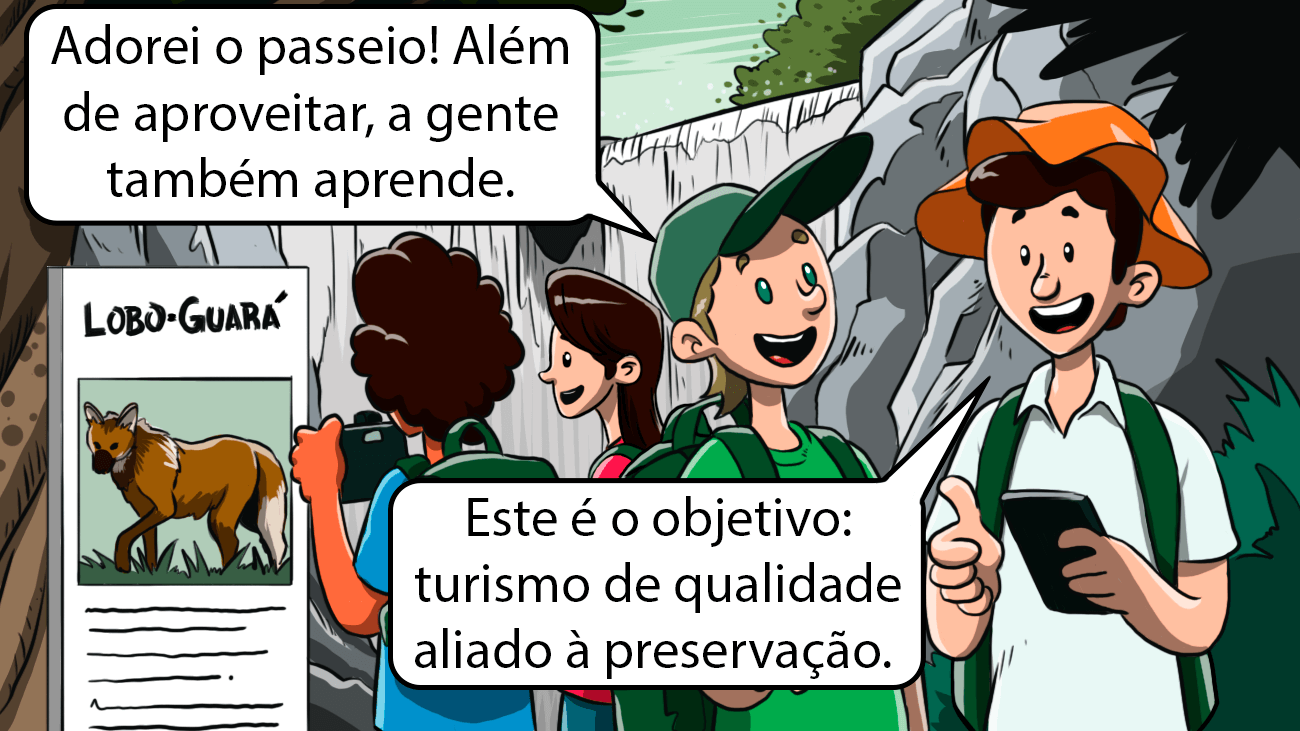 Nesta imagem, em primeiro plano o guia conversa com um dos turístas enquanto mostra o mapa no celular. Ao fundo, turistas batem fotos de uma placa sobre o lobo guará.